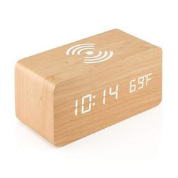 Other Clocks & Accessories LED Digital Clock Wooden Alarm Table Voice Control Electronic Desktop With Wireless Charging