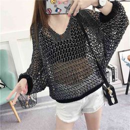 Oversized Loose Korean style Women Tops Hollow O-neck Long sleeve Jumper Ladies Pullover Plus size Casual Female Knit Sweater 210914