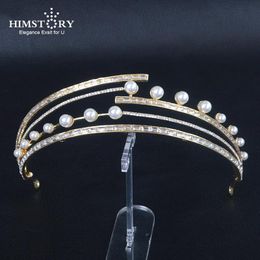Himstory Shiny Crown Pearl Wedding Tiara Headpeice Rhinestone Women Hair Accessories Head Jewelry Clips & Barrettes