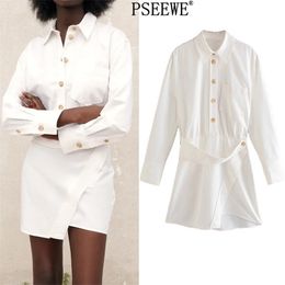 Spring Fashion Belt White Short Dresses Woman Chic Pocket Office Long Sleeve Mini Dress Women Casual 210519