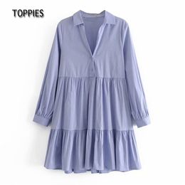 Vintage Blue Cotton Blouses Dresses Women Long Sleeve Pleated Hem Mini Dress Casual Smocks 210421