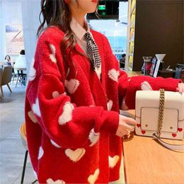 Winter Women Sweater And Cardigans V-neck Long Sleeve Loose Knitted Jumpers Heart Streetwear Red Jacket Coat 210427