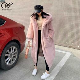 Oversized Faux Fur Coat Women Winter Thick Warm plush coat Ladies Big Hooded Jacket Female Pink Teddy Zipper 211220