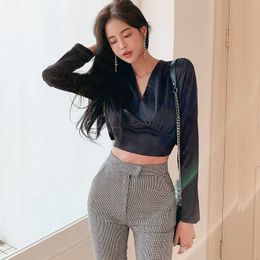 Spring Office Lady Skinny Pencil Pants Two Piece Suit Women Elegant Black Short Lace Up Slim Top+High Waist Trousers 210529