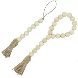 Stock Natural Wooden Tassel Bead String Chain Hand Made Wood Farmhouse Decoration Beads with Tassel Hemp Rope Home Decor Wall Xu