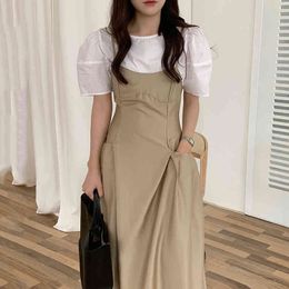 Summer Fashion Temperament Elegant Khaki All Match Two-pocket Design Glossy Suspender Dress Casual Women 16F1076 210510