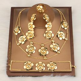 Earrings & Necklace Gold Color Flower Layers Jewelry Set For Women Dangle Buckle Bracelet Rings Dubai African Wedding Bridal