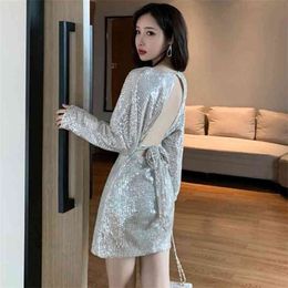 Women's Dresses Lady Sexy Club Sequined Hollow Back Lacing Slim Fit V-neck Full Mini Party Night ML610 210506