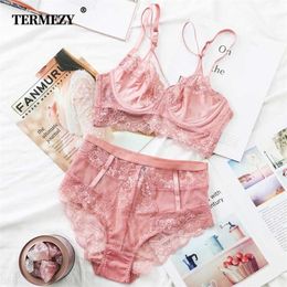 TERMEZY Classic Bandage Pink Bra Set Lingerie Push Up Brassiere Lace Underwear Set Sexy High-Waist Panties For Women underwear 211104