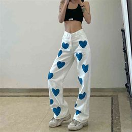 Heart Printed Oversize Straight Y2k Denim Pants White High Waist Women's Fashion Mom Jeans For Girls Trousers Female 210510