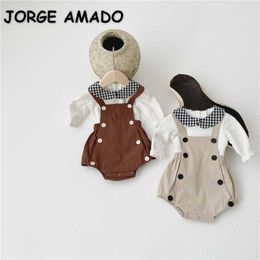 Spring Korean Style Baby Girl 2-pcs Sets Peter Pan Collar Long Sleeves T-Shirt + Overalls Bodysuit Kids Clothes E5026 210610