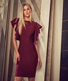 Women Sexy Fashion Ruffles Designer Wine Red Bandage Dress Celebrity Chic Elegant Party Vestido 210527