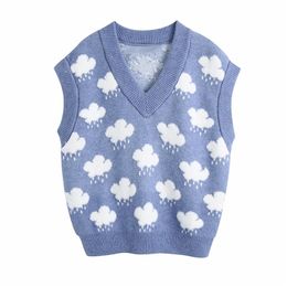 Evfer Women Fashion Za Knitted Cloud Sprint Blue Pullover Vest Female Casual V-Neck Sleeveless Elastic Sweaters Girls Jumpers 210806