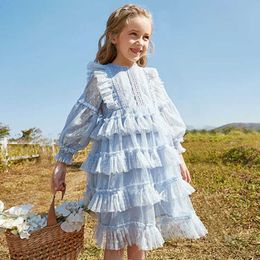 Children Girls Long Puff Sleeve Dress Baby Spring Pleated es for Cake Midi Tutu Kids Party Vestidos Q0716