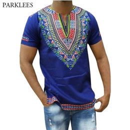 Blue Dashiki T Shirt Men Brand African 3D Print Slim Fit Mens T-shirts Casual V Neck Short Sleeve Hip Hop Camisetas 3XL 210706