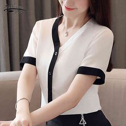 Casual Short Sleeve Solid Shirt for Women White Chiffon Blouse Summer V Neck Tops Cardigan Blusas Mujer 9567 210521