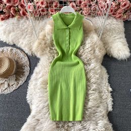 Fashion Women Summer Dress Solid Polo Collar Sleeveless Knitted Bodycon Dress Slim Tight Fit Buttons Mini Party Dress Vestidos Y0603