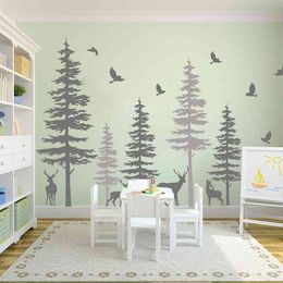 Large Pine Tree Deer Animal Wall Sticker Office Dorm Room Jungle Forest Deer Tree Birds Wall Decal Bedroom Nursery Vinyl Decor 210615