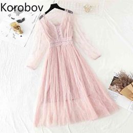 Korobov Summer Beach Style Boho Dress New Chic Sweet Lace V Neck Mesh Dresses Long Sleeve High Waist Korean Vestidos 210430