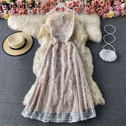 Korean Style O-Neck Fashion Lace Women Vestidos Elegant Slim Ladies Party Dresses A-Line Sleeveless Back Zippers 210601