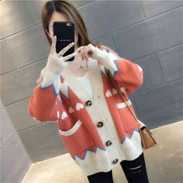 Lazy Wind Sweater Women's Cardigan Autumn Korean Version Of The Contrast Colour Is Very Coat 210427