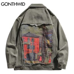 Men's Jackets Gonthwid Hip Hop Denim Jacket Streetwear Mens Vintage Painting Ripped Jean Coats Harajuku Autumn Cotton Green Khaki 211110