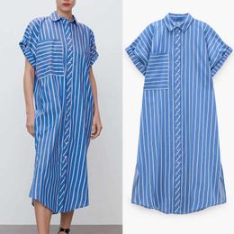 Za Summer Blue Striped Shirt Dress Women Short Sleeve Button Up Office Lady Dresses Patch Pocket Woman Vintage Long Dress 210602