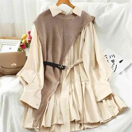 Sweet Suit Women Japan Single Breasted Turn-Down Collar Pleated Dress +Irregular Drawstring Knitted Vest Two Piece Set PL548 210506