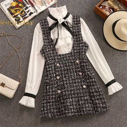 Spring Autumn 2 Piece Set Overalls Dres Elegant Ruffles Chiffon Bow Shirt Top+Double Breasted Plaid Tweed Vest 211106