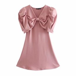 Summer Fashion Temperament Chic V-neck Bow Tie Simple Ladies Dress Casual Street Youth Women 210531