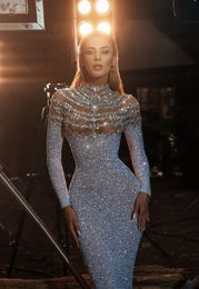 Sparkly Sequined Mermaid Prom Dresses High Neck Beading Long Sleeve Crystal Evening Gowns Party Dress For Women Robe De Soiree