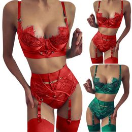 Red Green High Quality Ladies Sexy Lingerie Eyelashes Lace Stitching Temptation Pajamas Porn Belt Bras Sets