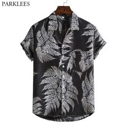 Men's Holiday Casual Short Sleeve Hawaiian Shirt Short Sleeve Leaves Print Tropical Aloha Black Shirt Seaside Beach Wear Chemise 210522