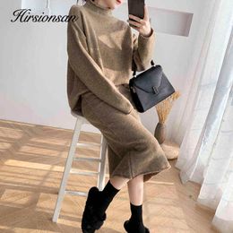 Hirsionsan Elegant Knitted Sweater Pant Suits Women Soft Warm Sexy Female Sets 2 Pieces Slim Fit Skirt Loose Tops Ladies Ourfits 211119