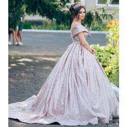 Sparkly Elegant Rose Pink Ball Gown Quinceanera Dresses Off Shoulder Sweep Train Pleats Sequined Pageant Gowns Formal Dress Sweet 16 Custom