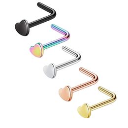 L Shape Heart Nose Rings Piercing Nose Studs 20G Stainless Steel Surgical Stainless Black/Rose Gold/Silver Colour Drop Ship