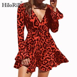 Sexy Leopard Dress Women Summer A-Line Ruffles Flare Sleeve V-Neck Mini Wrap Party es Vestidos Verano 210508
