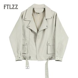 Faux Leather Jacket Women Loose Soft Coat Female Zipper With Blet Biker Overcoat Ladies Punk White Outwear 210525