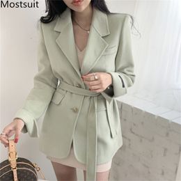 Korean Elegant Wool&blend Coat Jacket Women Winter Long Sleeve Single-breasted Belted Blazer Fashion Office Ladies Overcoat 210513