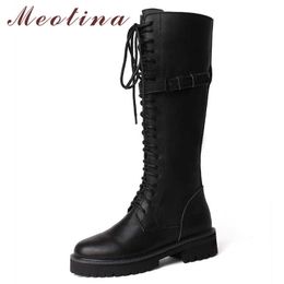 Meotina Fall Real Leather Long Boots Women Genuine Leather Zipper Flat Knee High Boots Buckle Round Toe Shoes Lady Winter 34-39 210608