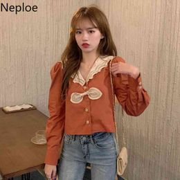 Neplon Women Blouse Patchwork Long Sleeve Shirt Tops Spring Korean Preppy Style V Neck Elegant Puff Sleeve Bowknot Blusas Mujer 210422
