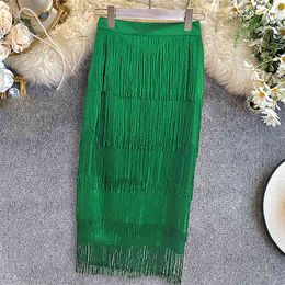 MD Green Patchwork Tassel Women Skirt High Waisted Bodycon Midi Robes Plus Size Elastic Skirts South Africa Ladies Slim Jupe 210629