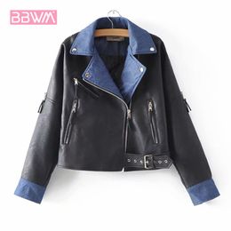 Korean Long Sleeve Windproof Black PU Female Jacket Autumn Suit Collar Denim Stitching Hem COAT Leather Women's Jacket 210507