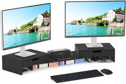 Dual Monitor Stand Riser with Adjustable Length and Angle, Bamboo Computer Riser with 2 Extra Drawers, Desk Organiser for Laptop, Computer