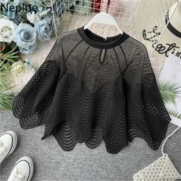 Neploe Hollow-out Perspective Lace Shirt Summer Flare Sleeve O-neck Blouse Wave Embroidery Korean Chic Top Blusas 53630 210317