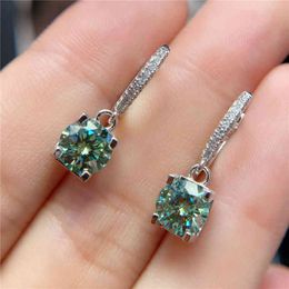 Silver 925 Original Diamond Test Past Total 2 Carat Green Moissanite Screw Back Drop 6.5mm Gemstone Earrings for Women