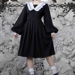 SHENGPLLAE Black Dark Style Rose Thorn Embroidery Dress Women's Spring Sailor Collar Long Sleeve Knee-length Dresses 210427