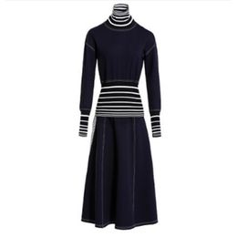 Navy Turtleneck Long Sleeve Knitted Maxi Dress Autumn Winter Elegant Elastic Waist D1318 210514