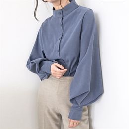 Women Lantern Sleeve Blouse Spring Autumn Single Breasted Stand Collar Shirts Office Lady Work Solid Vintage Shirt 210522