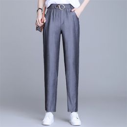 Soft Comfort Women Pants High Waist Casual Spring Slacks Ice Silk Ankle-Length Long Trousers Female 3XL 4XL 210925